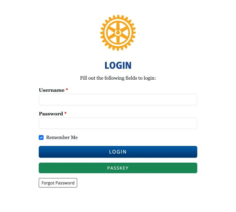 Login page with Username and Password fields, a Login button, a Passkey button, and a Forgot Password button
