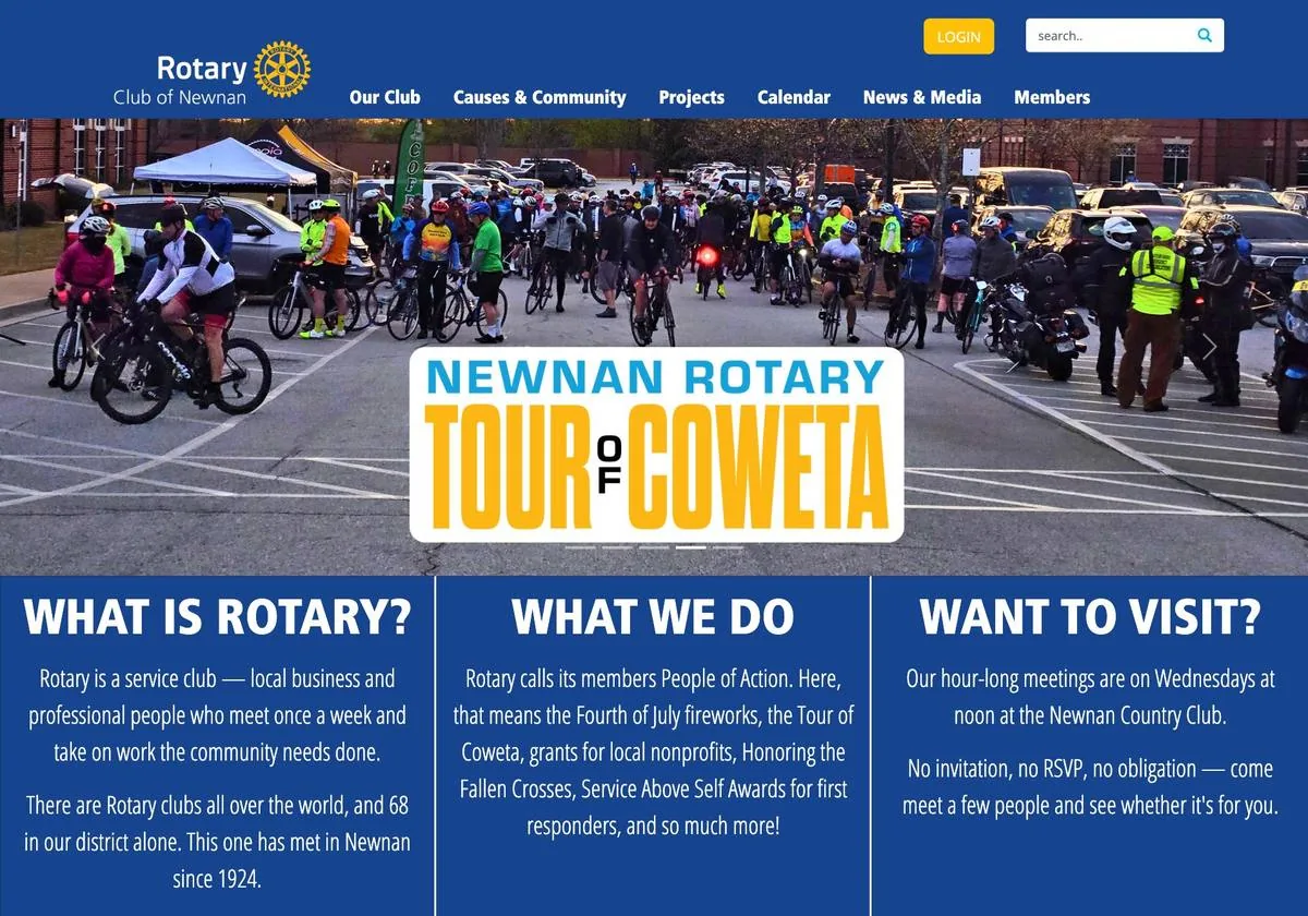 The top of the newnanrotary.org homepage: a blue menu bar with a gold LOGIN button at the top right, a wide photo of cyclists at the start of the Tour of Coweta, and three blue panels headed What Is Rotary?, What We Do, and Want To Visit?