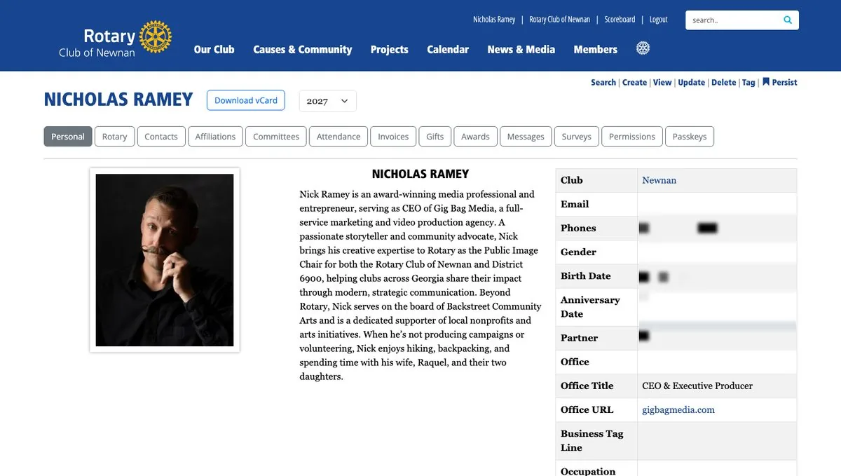 A member profile page on newnanrotary.org with a photo, bio, and information panel; personal details are blurred in this screenshot