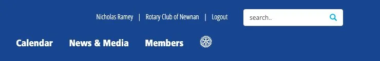 Top bar of newnanrotary.org after logging in, showing the member's name, Rotary Club of Newnan, and a Logout link