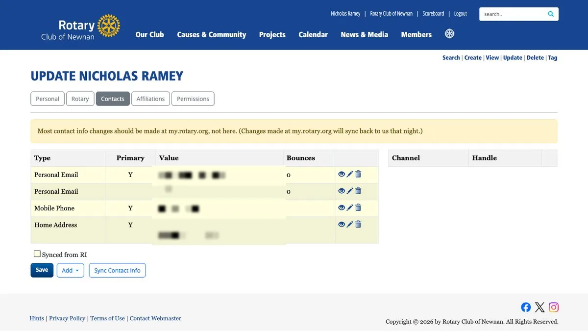 The Contacts tab of the Update page listing email, phone, and address rows with a Save button; the values are blurred in this screenshot