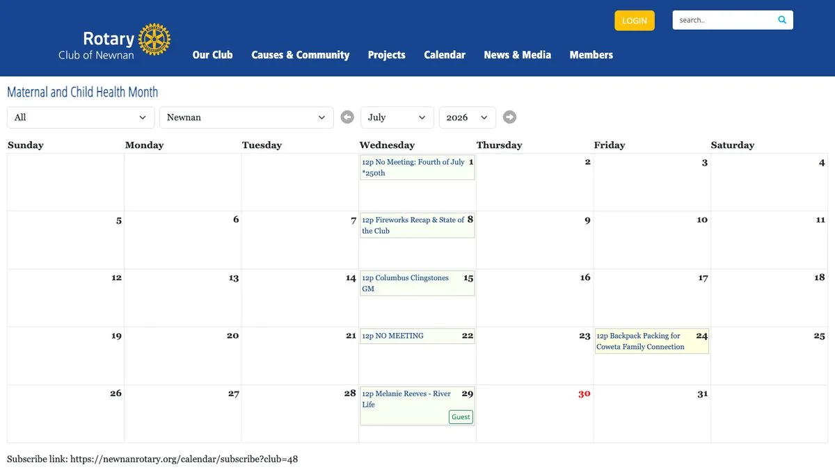 Month-grid calendar on newnanrotary.org showing Wednesday meetings at noon and service events