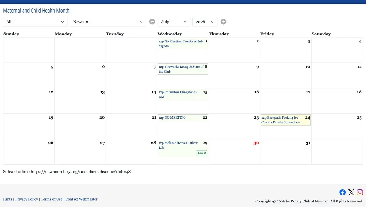 Bottom of the calendar page on newnanrotary.org showing the Subscribe link
